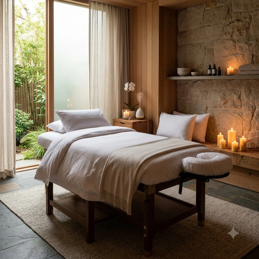 Phòng trị liệu riêng tư với giường massage và ánh nến ấm áp