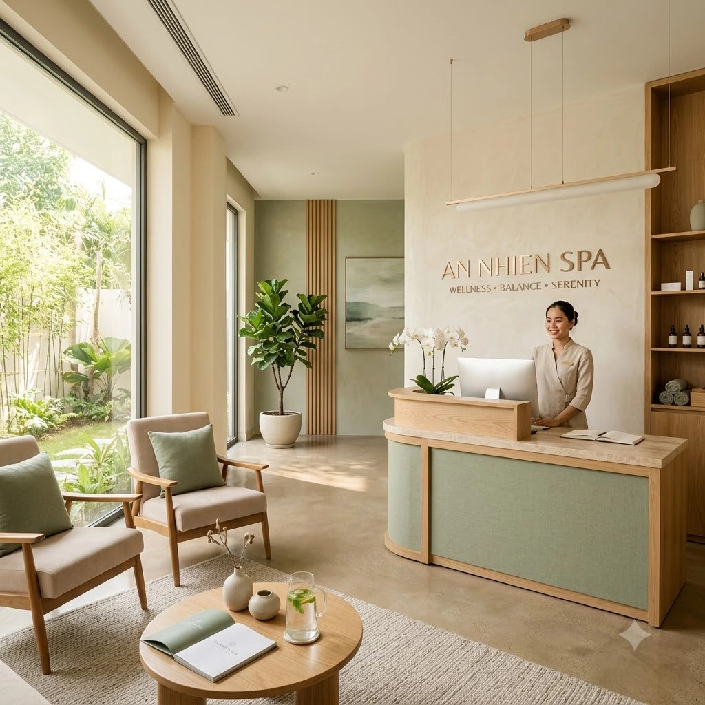 Sảnh đón khách An Nhiên Spa với tông màu sage và ánh sáng tự nhiên