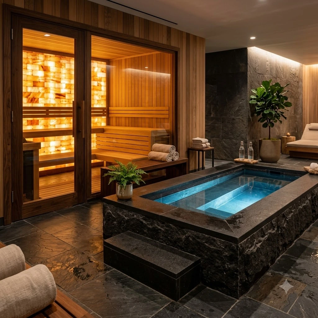 Khu vực xông hơi đá muối Himalaya và bồn ngâm lạnh